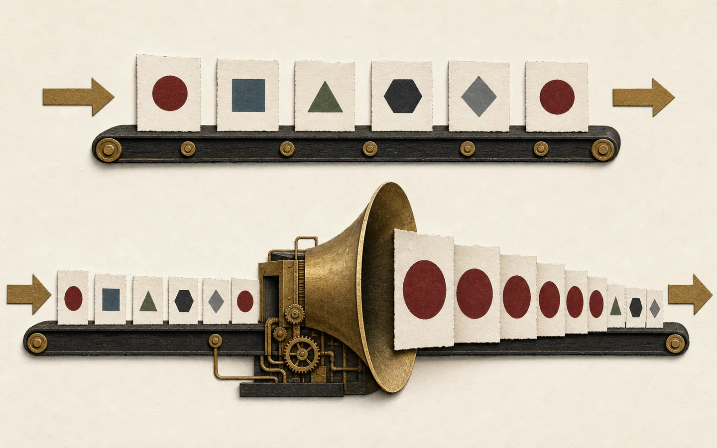 An upper conveyor keeps equal story cards in sequence while a lower brass amplifier enlarges and repeats one red card from the same starting set.