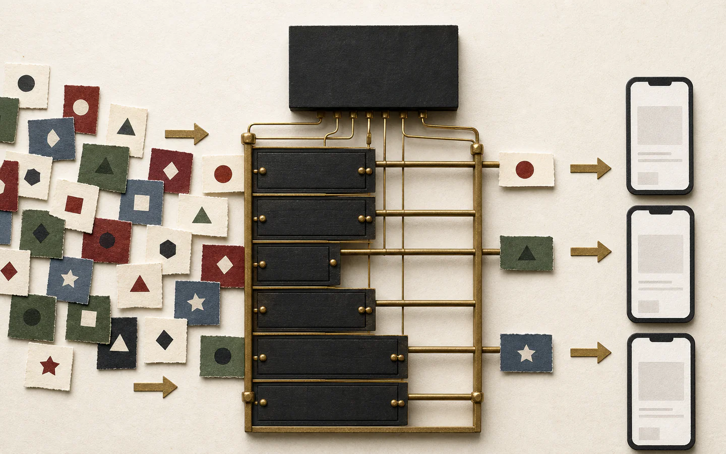 Many varied story cards reach a barred brass gate controlled by an opaque black box; only three selected cards reach phone feeds.