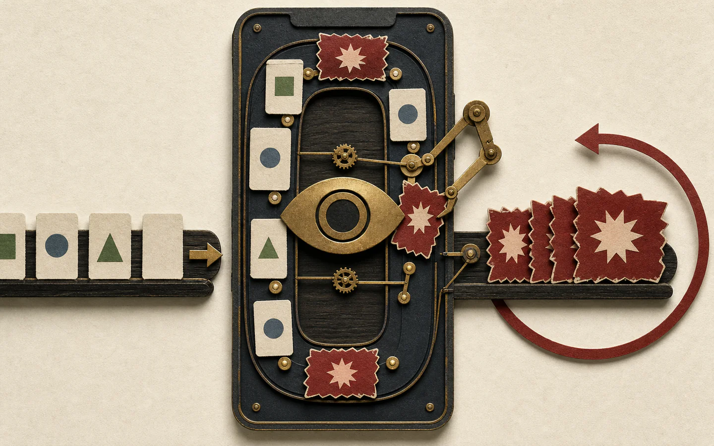 A phone-shaped feed loop repeatedly grabs and enlarges one jagged red card around a central brass eye while calmer cards pass once.