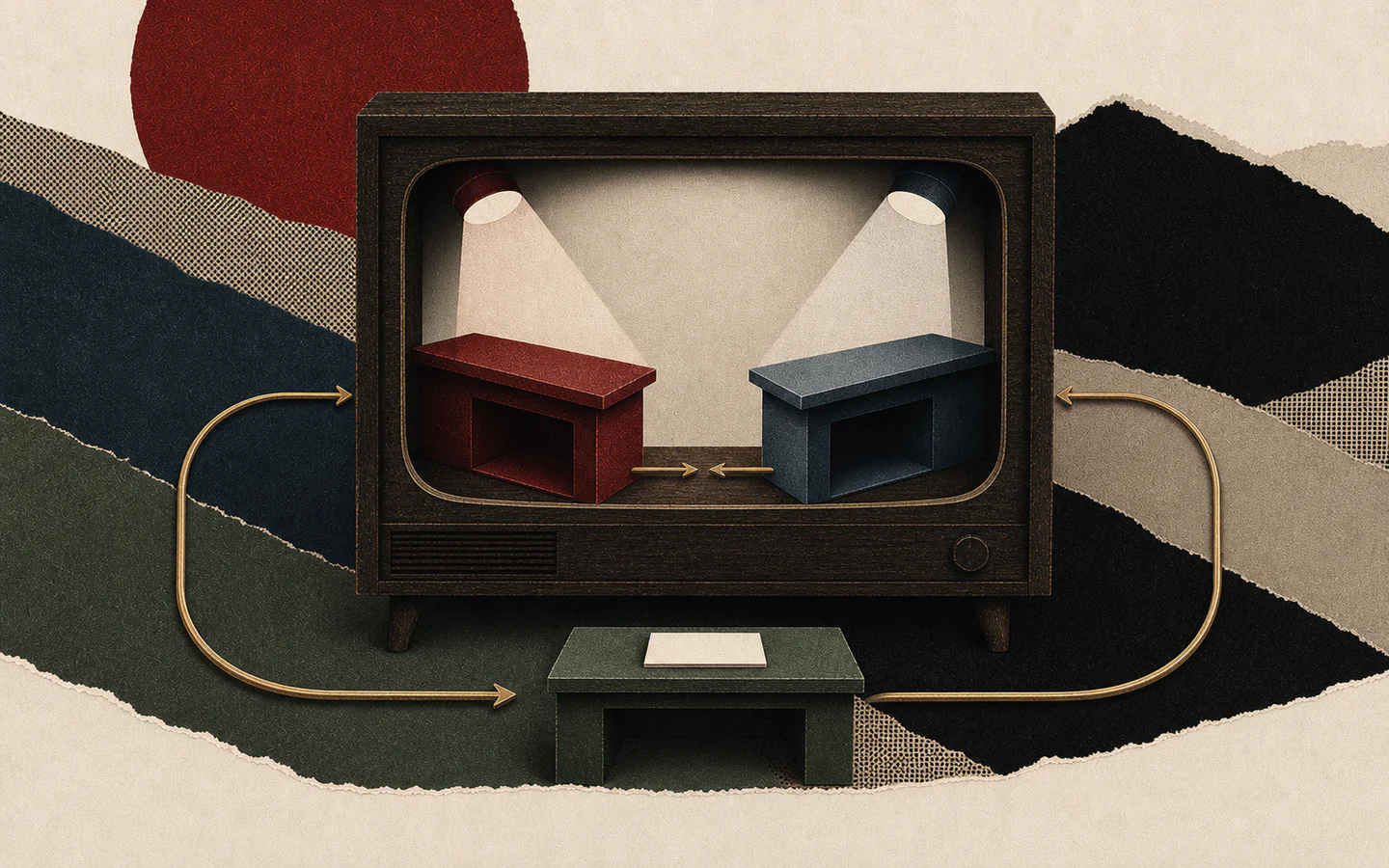 Two empty opposing podiums sit inside a television cabinet connected to a repeating brass loop.
