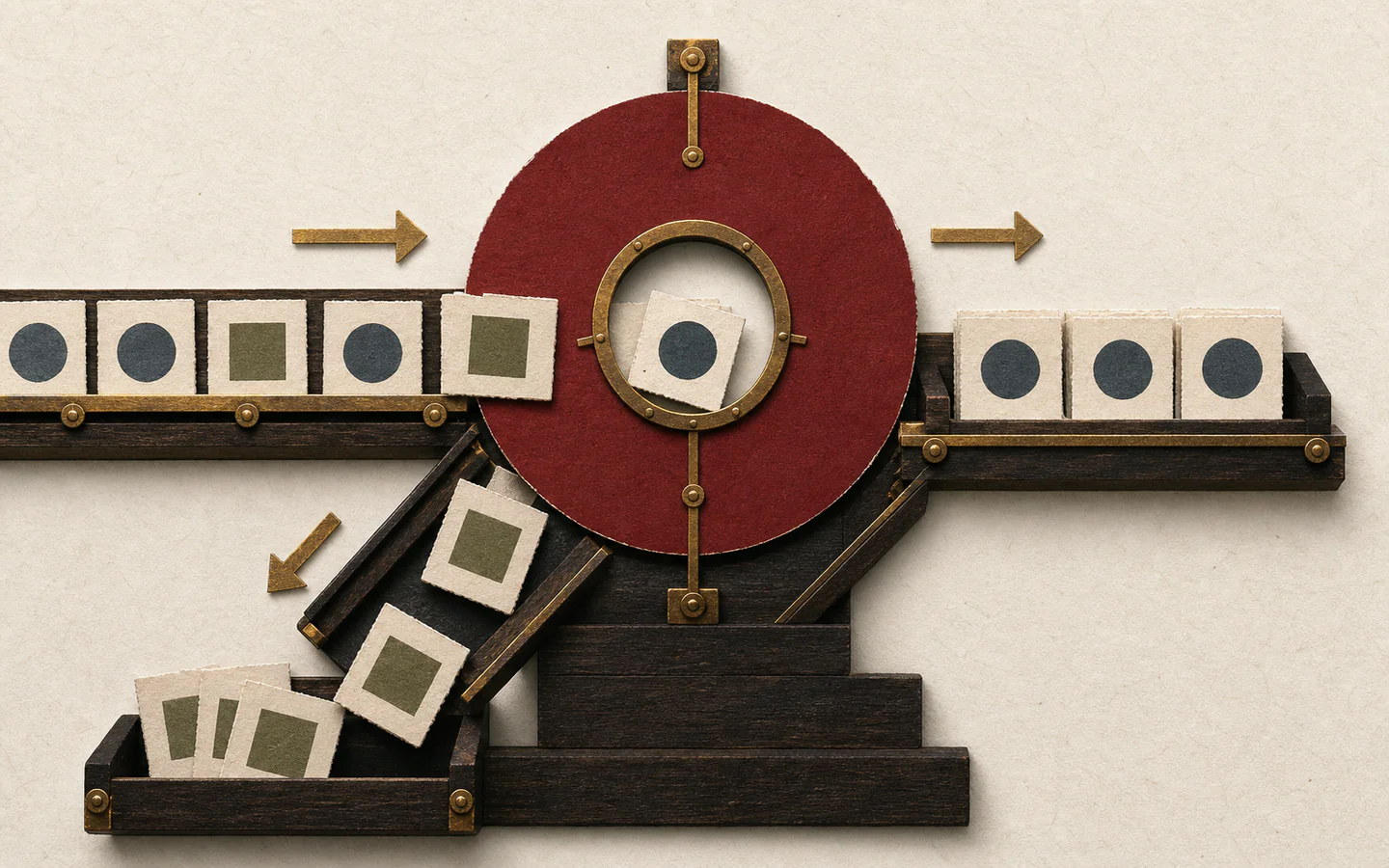 Circle and square evidence cards reach a fixed red circular filter; circle cards pass through while square cards are diverted into a discard tray.
