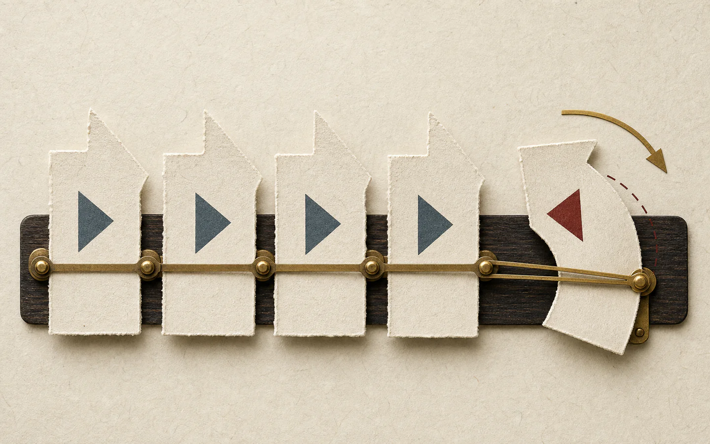 Four paper arrows point right while a fifth opposing arrow is physically bent toward them by a brass linkage.