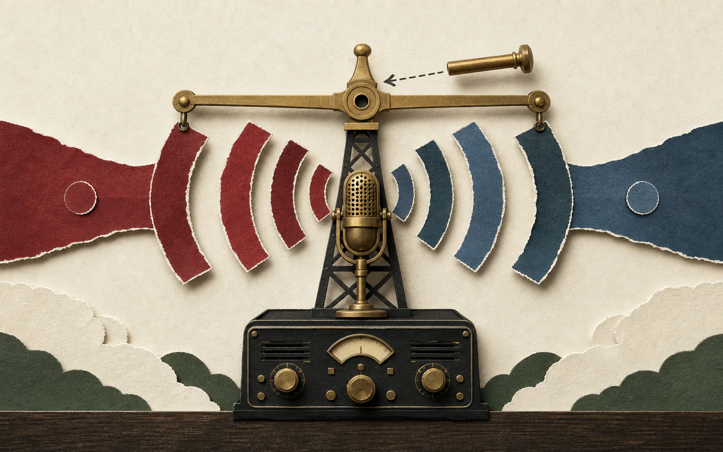 Red and blue radio waves meet at a vintage transmitter beneath a level brass yoke whose central pin is being removed.