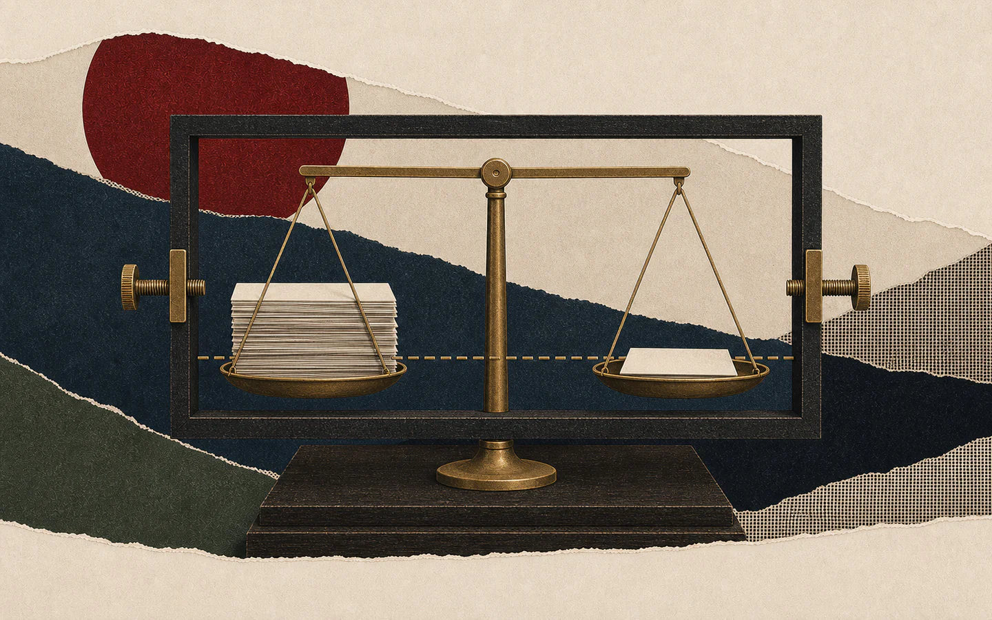 A rigid display frame forces a thick stack of cards and a single card to appear level on a balance.