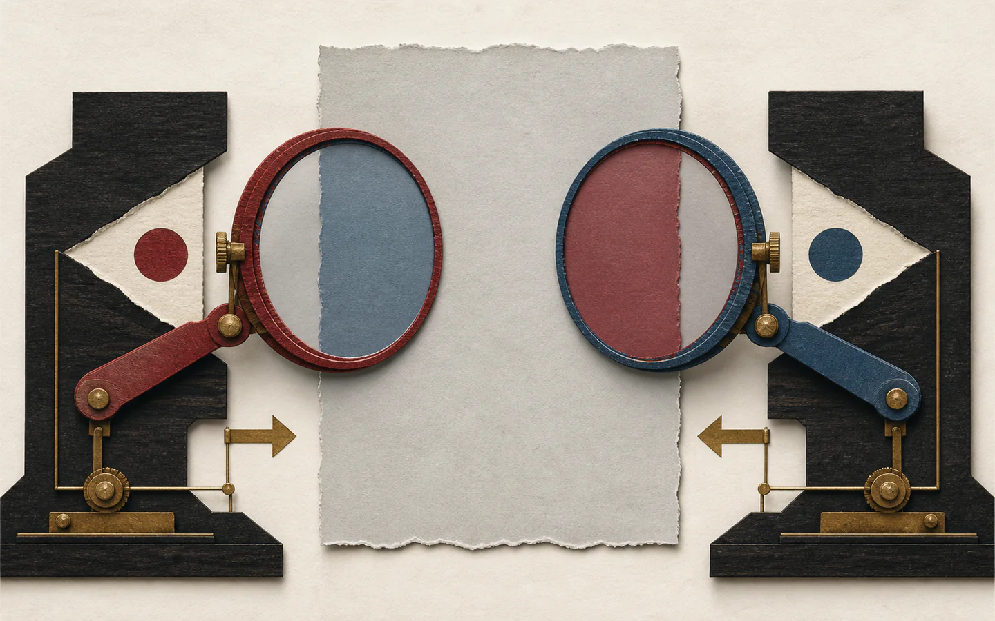 Two opposing red and blue magnifying lenses make the same neutral gray report appear colored by the other side.
