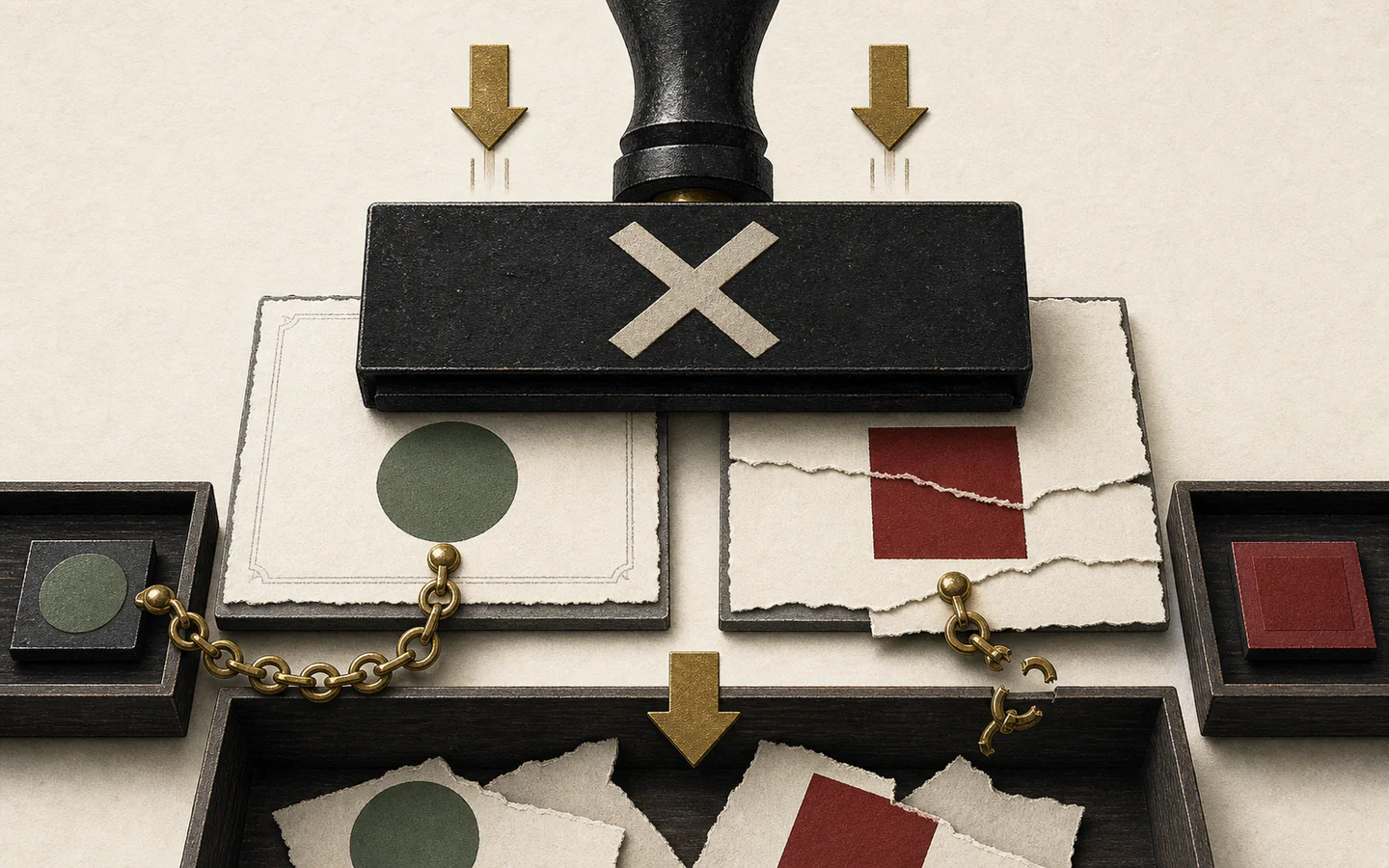 A genuine evidence card with an intact source chain and a torn synthetic duplicate with a broken chain are struck by the same large X stamp and discarded together.