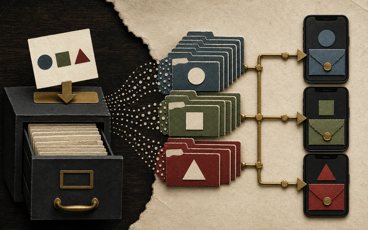 One geometric quiz enters a filing cabinet, multiplies into circle, square, and triangle profile files, then routes different sealed messages to three private phone inboxes.