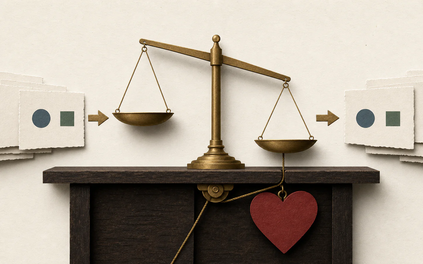 A hidden red heart pulls down one empty pan of a brass balance before equal evidence cards arrive.