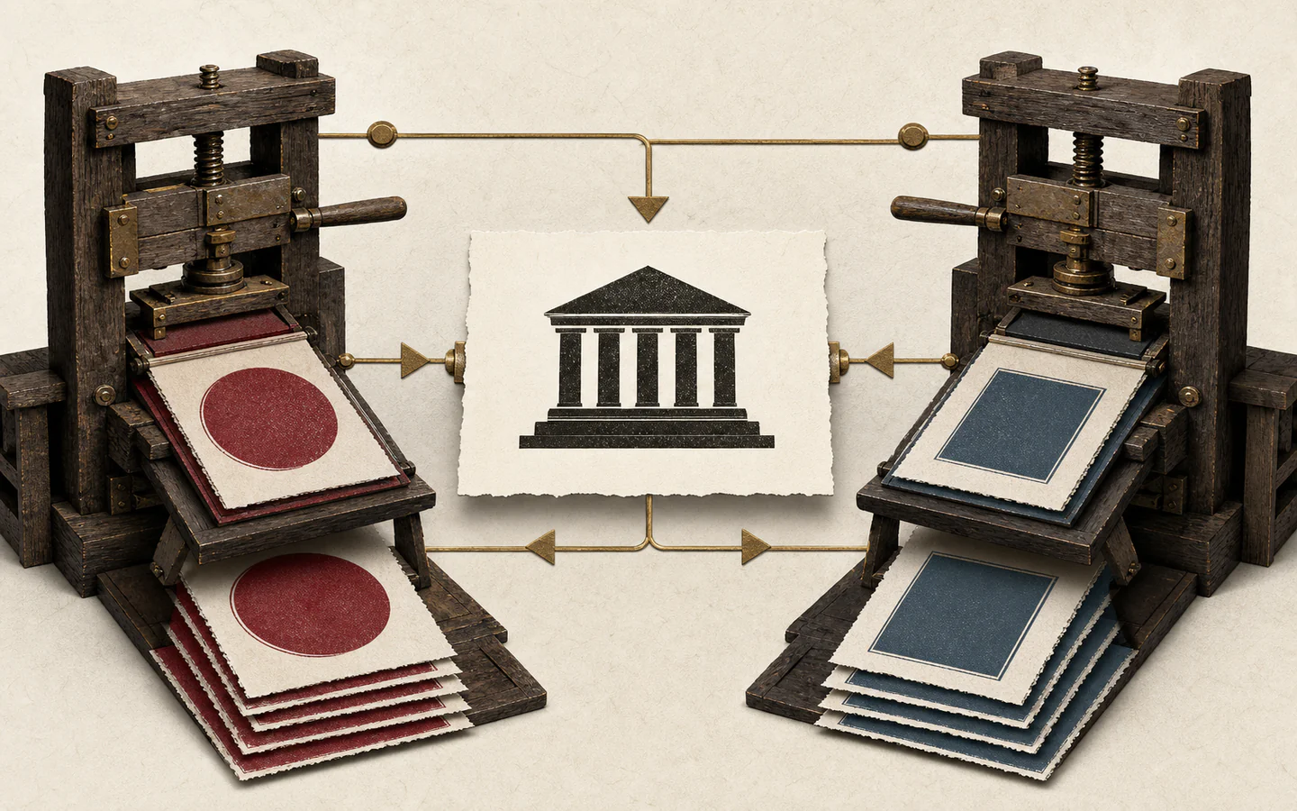 Two early wooden presses pull from the same courthouse event card and produce separate red-circle and blue-square newspapers.