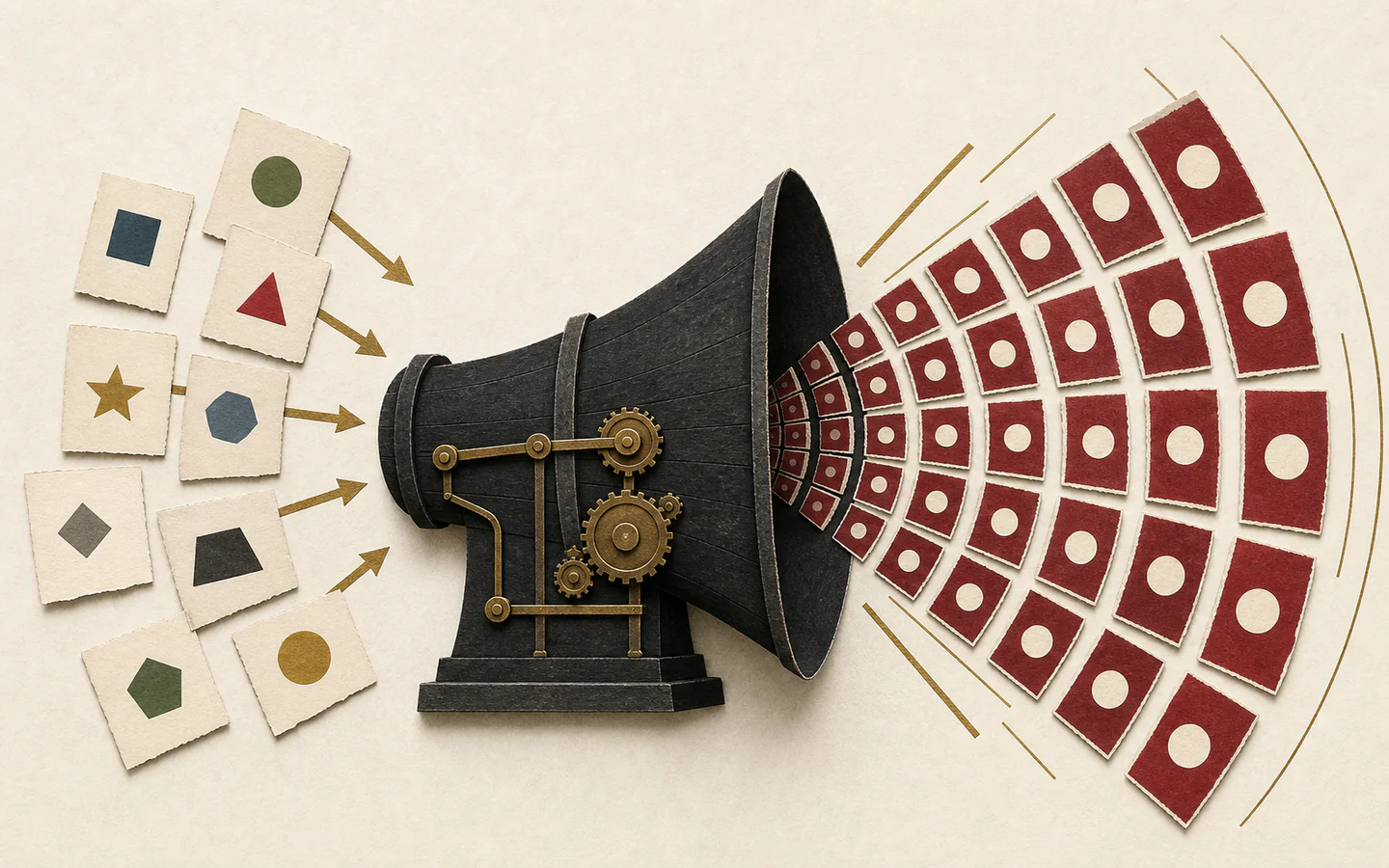 Varied report cards enter a dark printing megaphone and emerge as a forceful fan of identical red messages.
