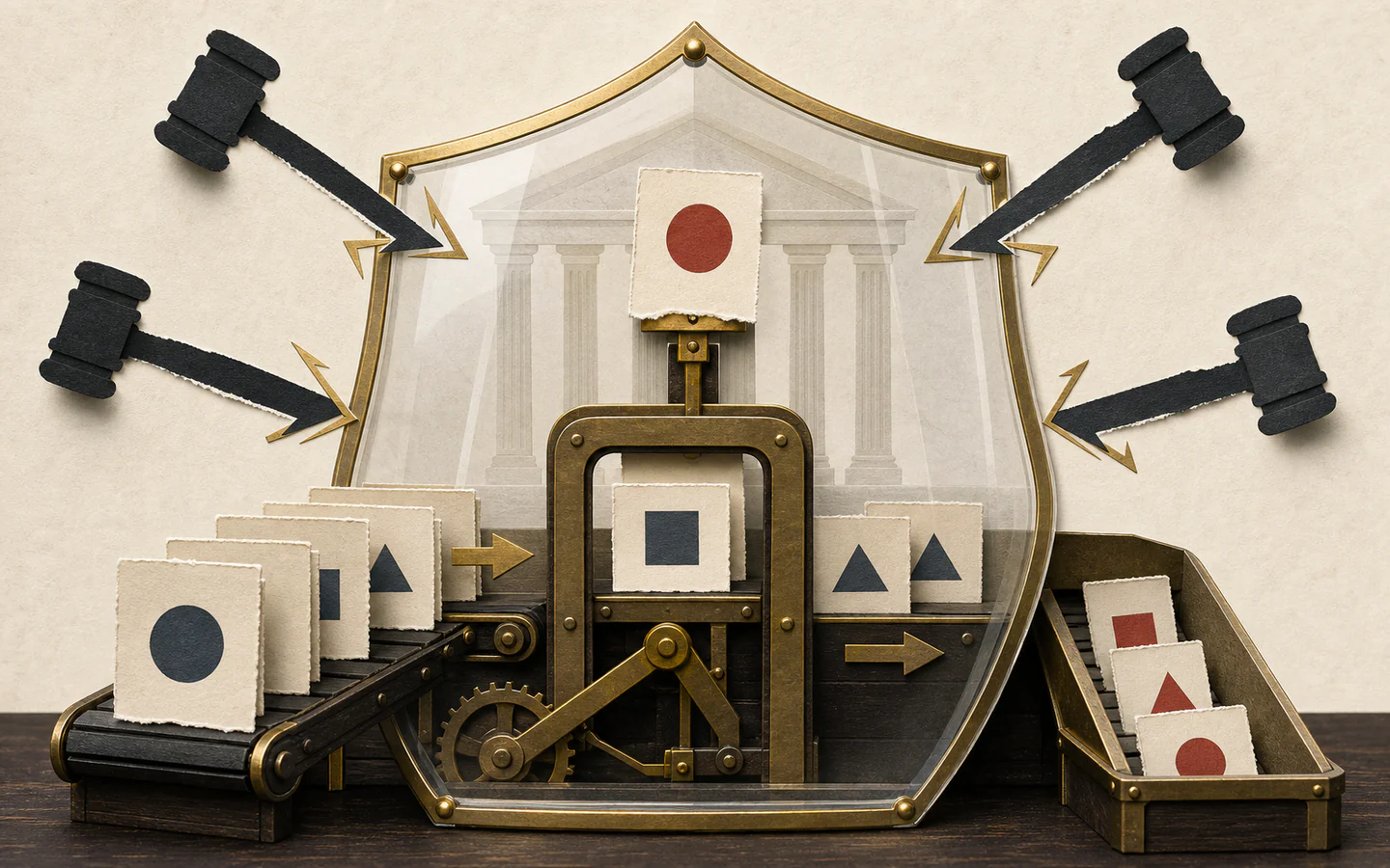 A feed sorter keeps, elevates, and removes cards inside a transparent legal shield while four gavel-shaped claims bounce away.