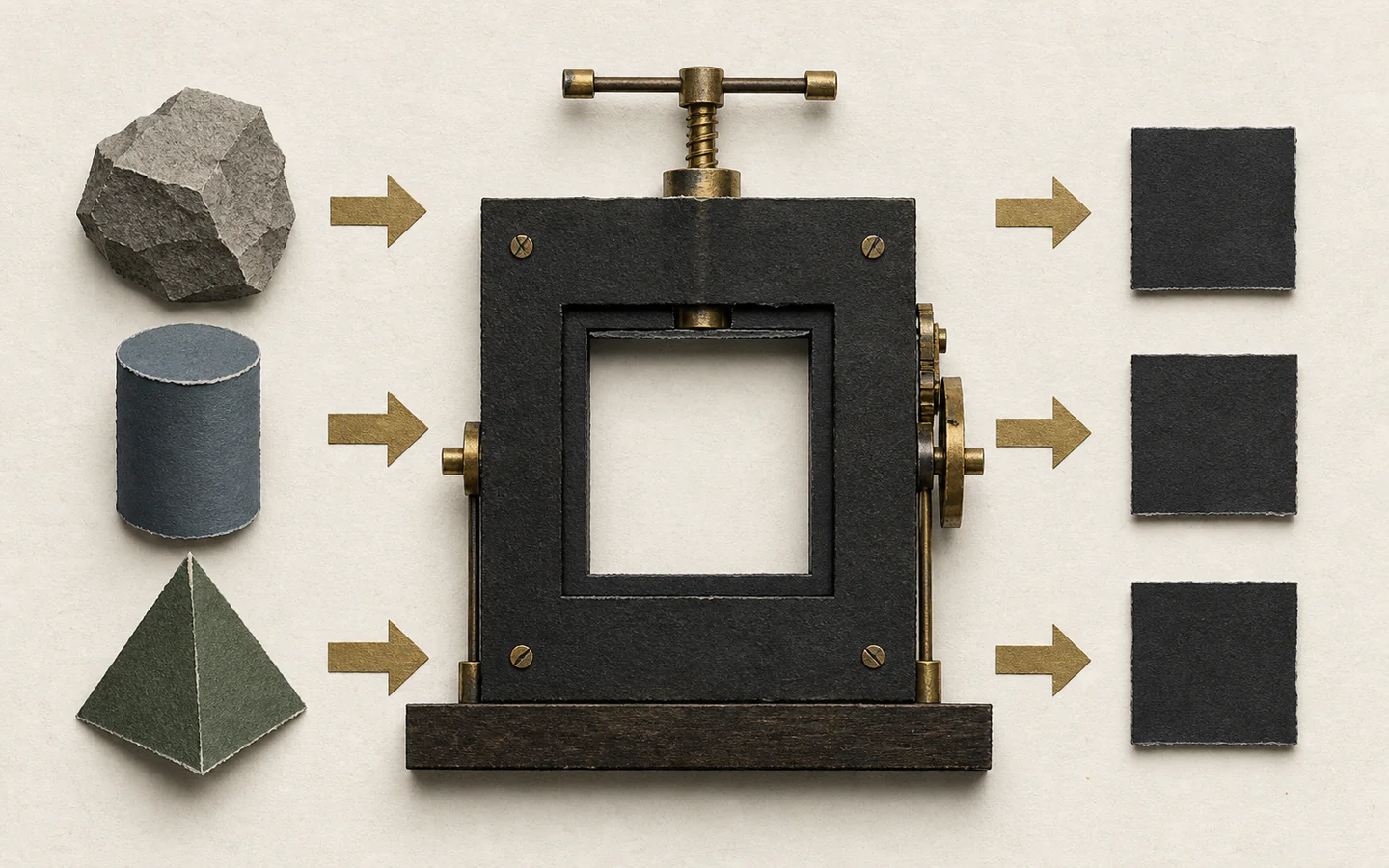 A rock, cylinder, and pyramid enter one rigid square press and emerge as three identical black squares.