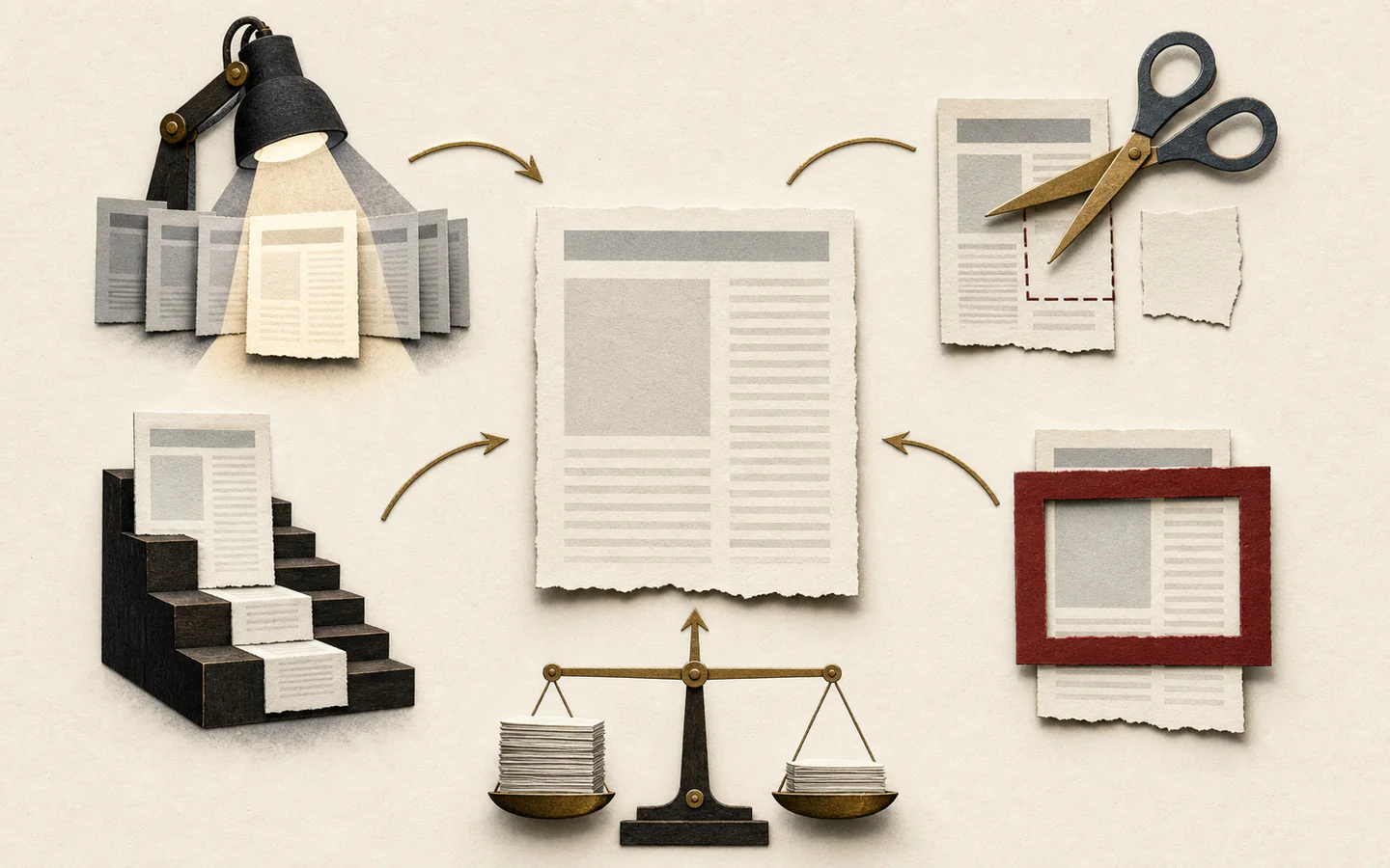 A central news sheet is surrounded by a spotlight, scissors, picture frame, placement stairs, and a balance with unequal stacks.