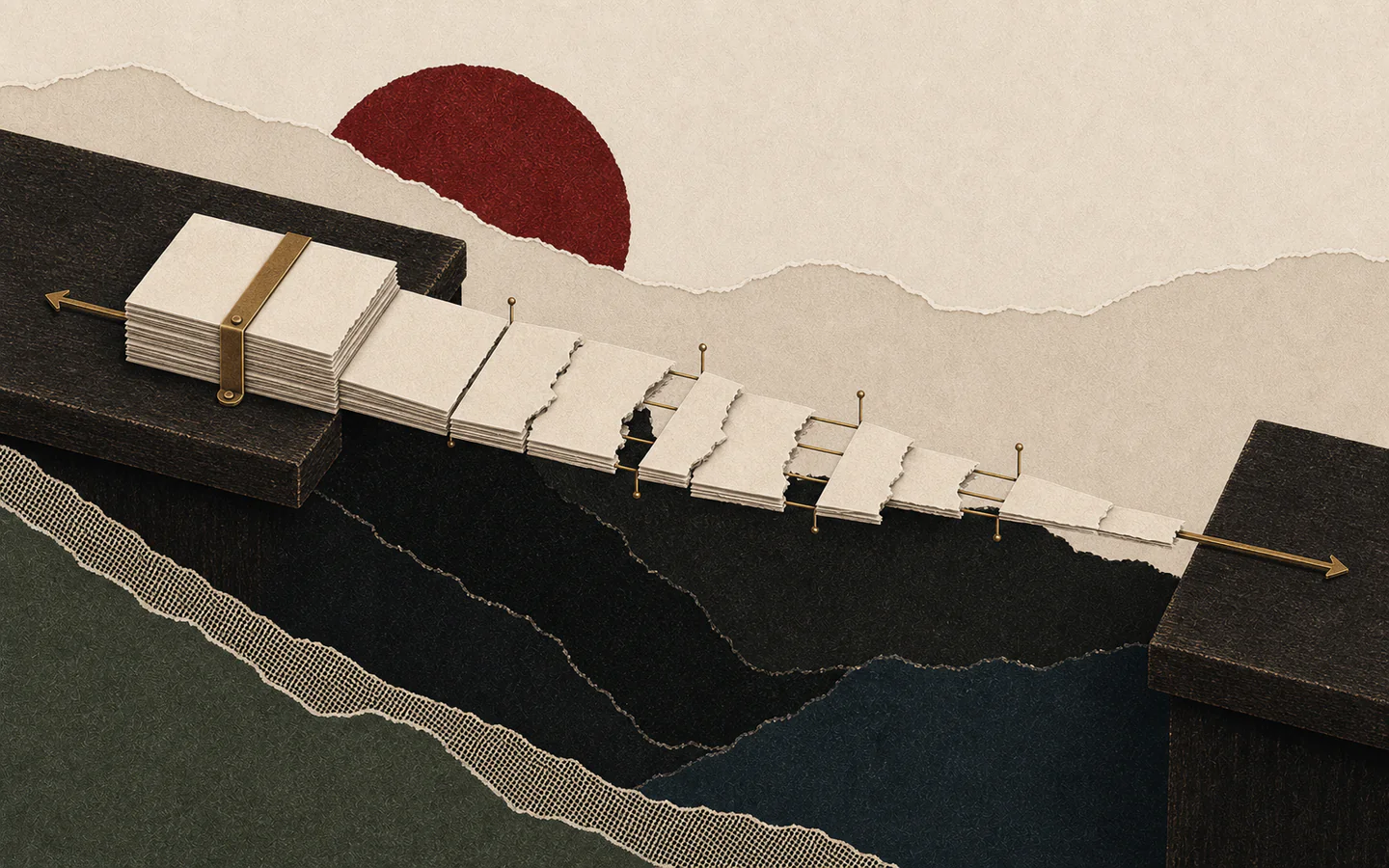 A bridge made from layered paper sheets thins and tears as it crosses a widening dark gap.
