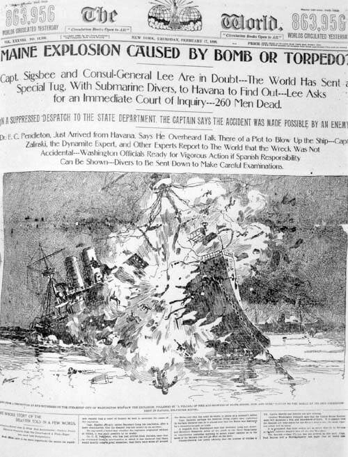 New York World front page of February 17, 1898, reporting the Maine explosion was caused by a bomb or torpedo