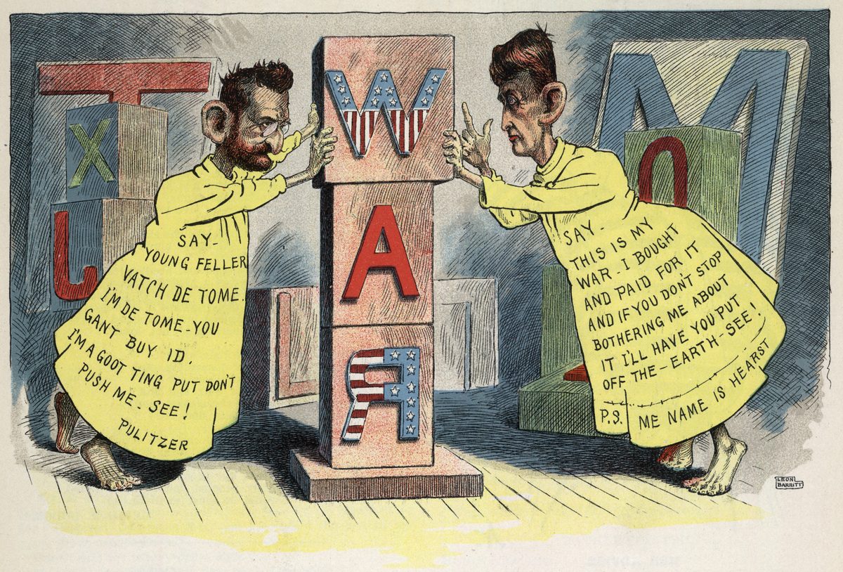 1898 cartoon of Joseph Pulitzer and William Randolph Hearst, dressed as the Yellow Kid, pushing toy blocks spelling WAR