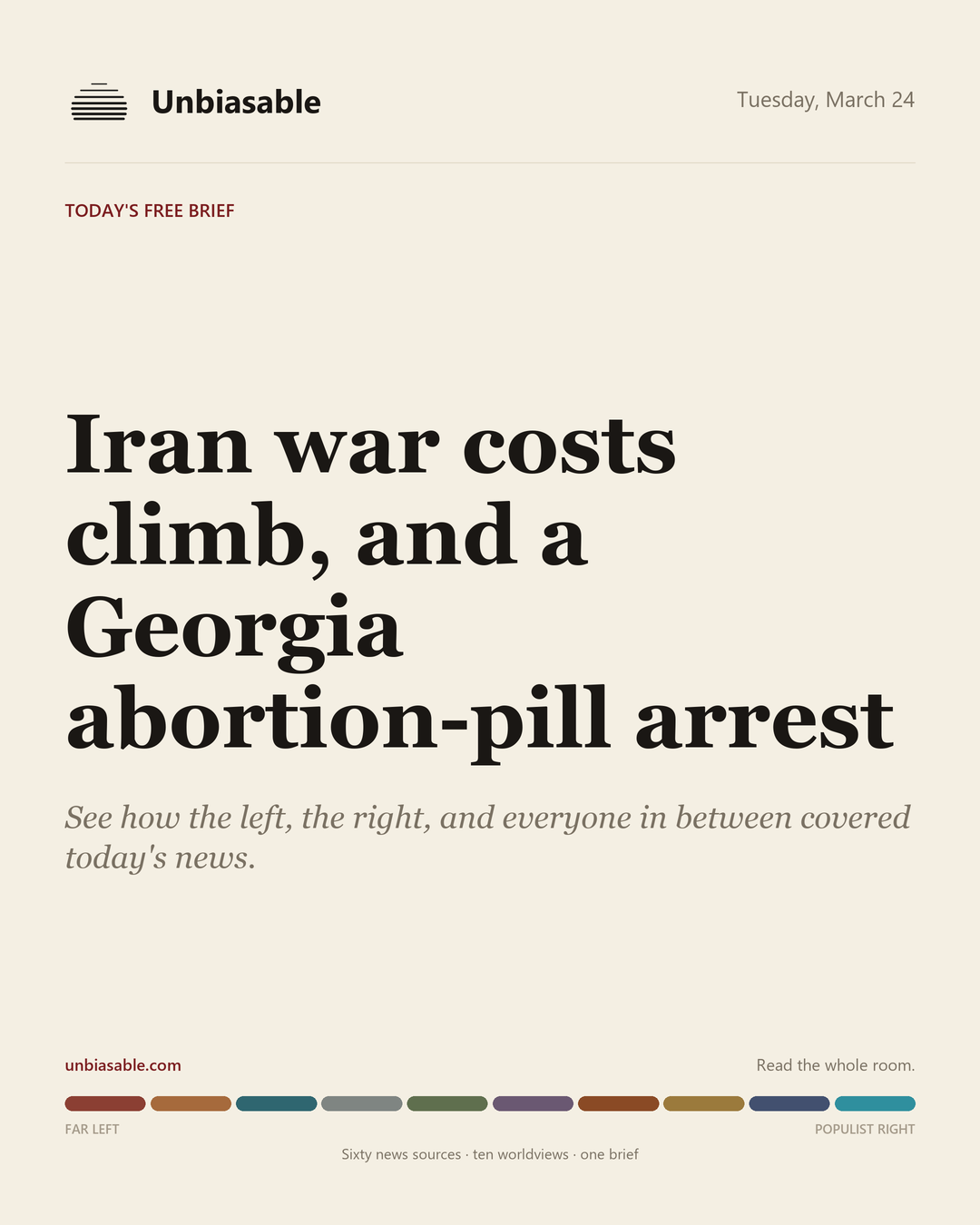 Unbiasable cover for Tuesday, March 24: Iran war costs climb, and a Georgia abortion-pill arrest. The labelled ten-worldview spectrum.