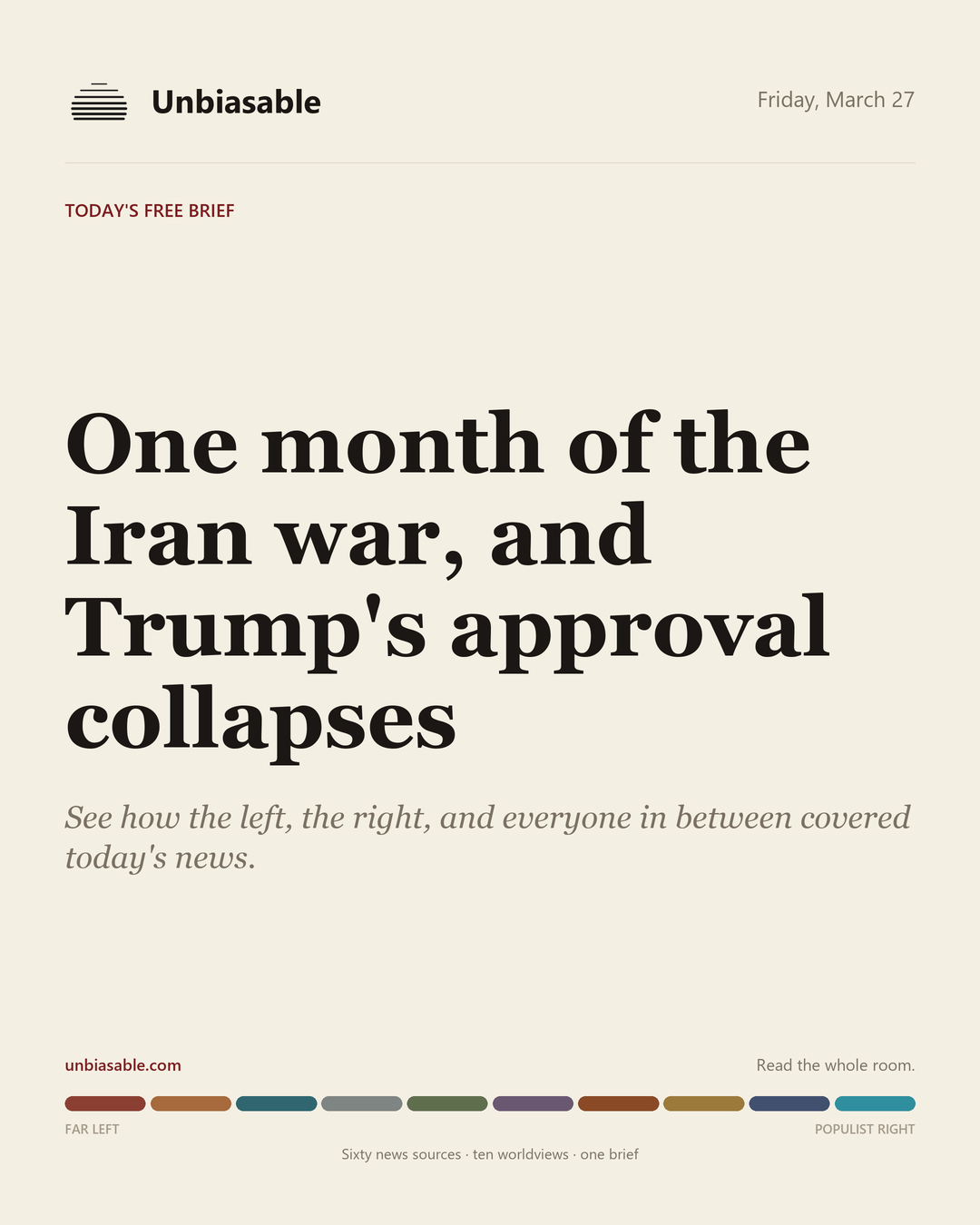 Unbiasable cover for Friday, March 27: One month of the Iran war, and Trump's approval collapses. The labelled ten-worldview spectrum.