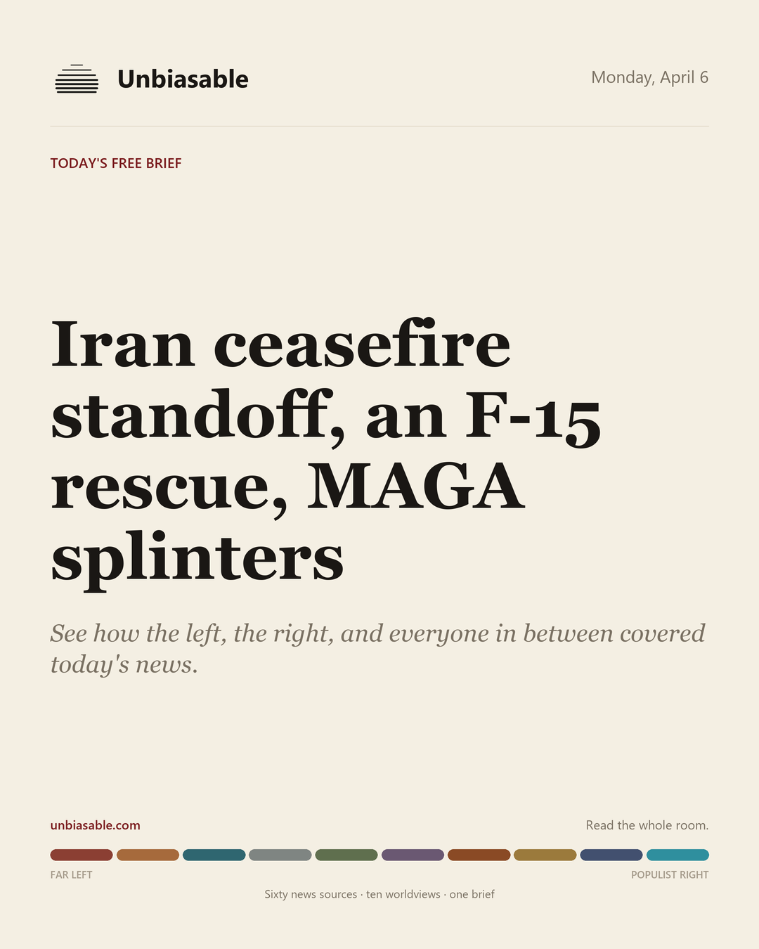 Unbiasable cover for Monday, April 6: Iran ceasefire standoff, an F-15 rescue, MAGA splinters. The labelled ten-worldview spectrum.
