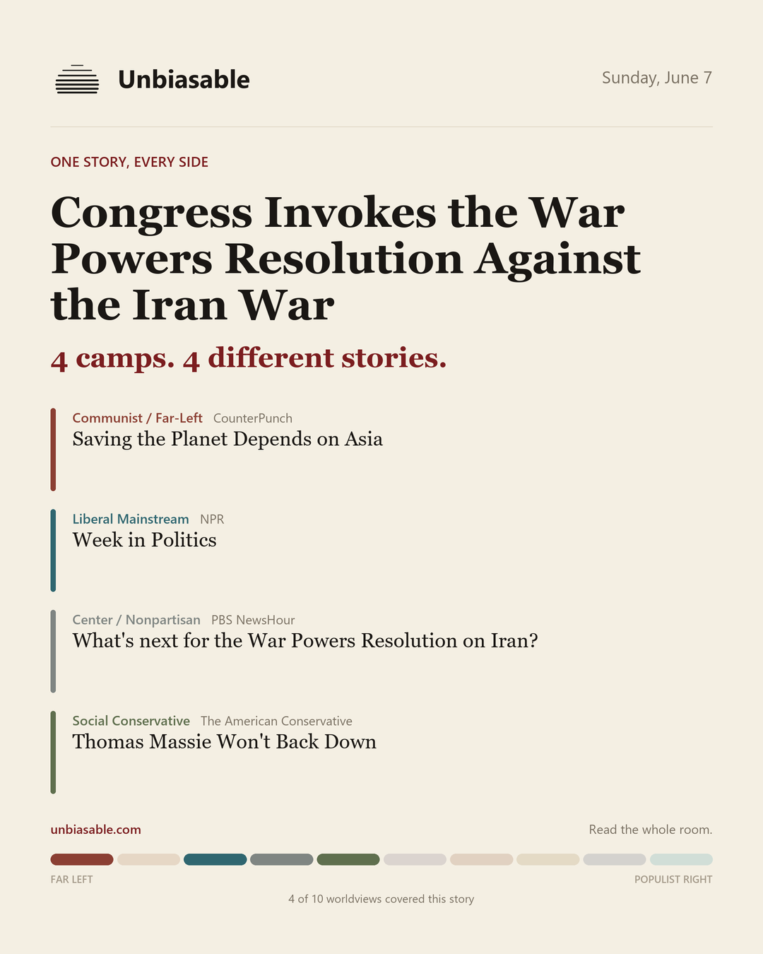 How 4 political worldviews framed “Congress Invokes the War Powers Resolution Against the Iran War”, color-coded by lens.