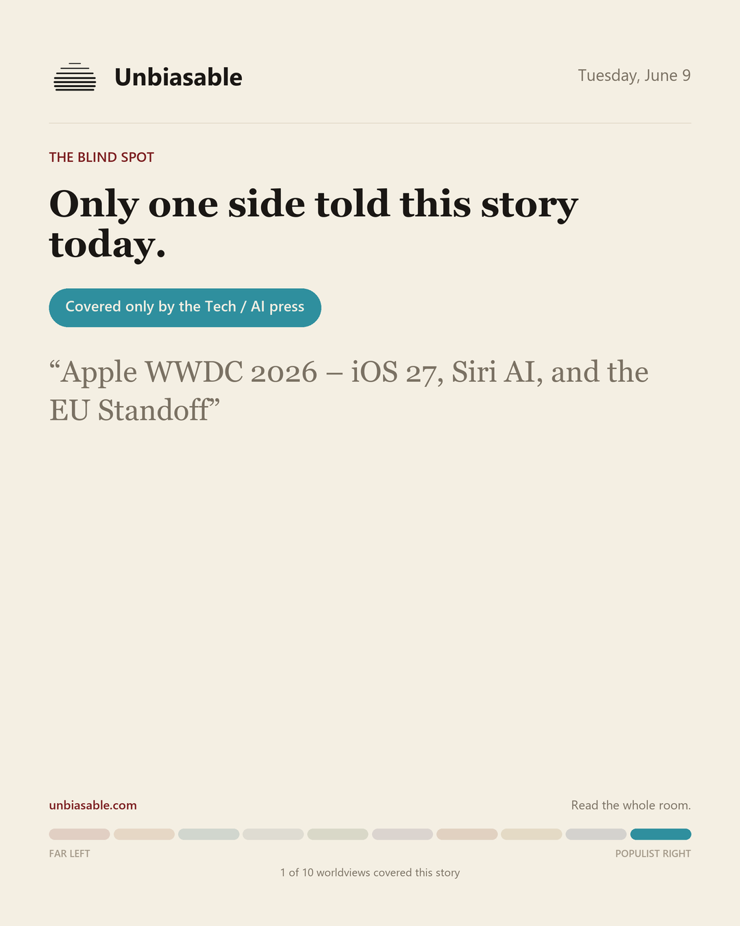 A story only the Tech / AI press covered today: Apple WWDC 2026 -- iOS 27, Siri AI, and the EU Standoff.