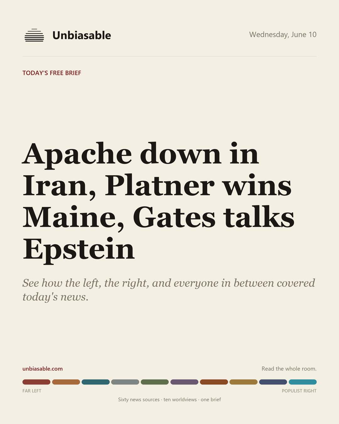 Unbiasable cover for Wednesday, June 10: Apache down in Iran, Platner wins Maine, Gates talks Epstein. The labelled ten-worldview spectrum.