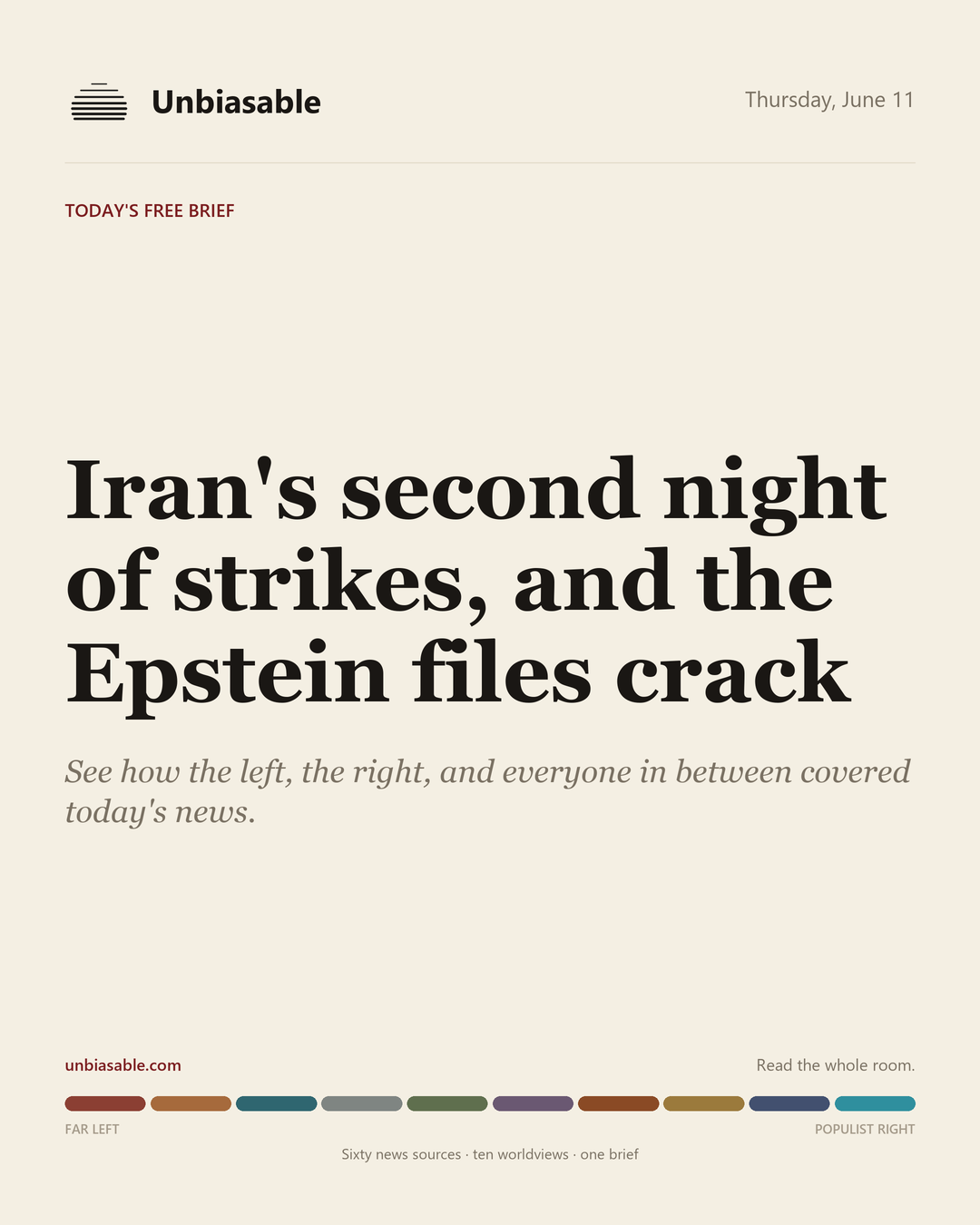 Unbiasable cover for Thursday, June 11: Iran's second night of strikes, and the Epstein files crack. The labelled ten-worldview spectrum.