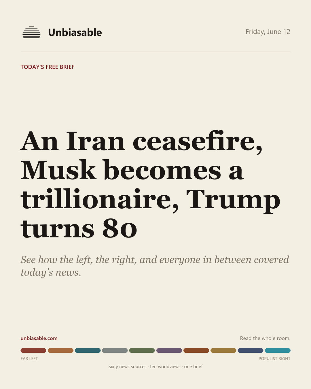 Unbiasable cover for Friday, June 12: An Iran ceasefire, Musk becomes a trillionaire, Trump turns 80. The labelled ten-worldview spectrum.