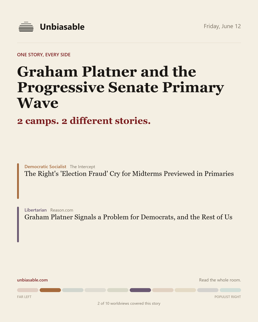 How 2 political worldviews framed “Graham Platner and the Progressive Senate Primary Wave”, color-coded by lens.