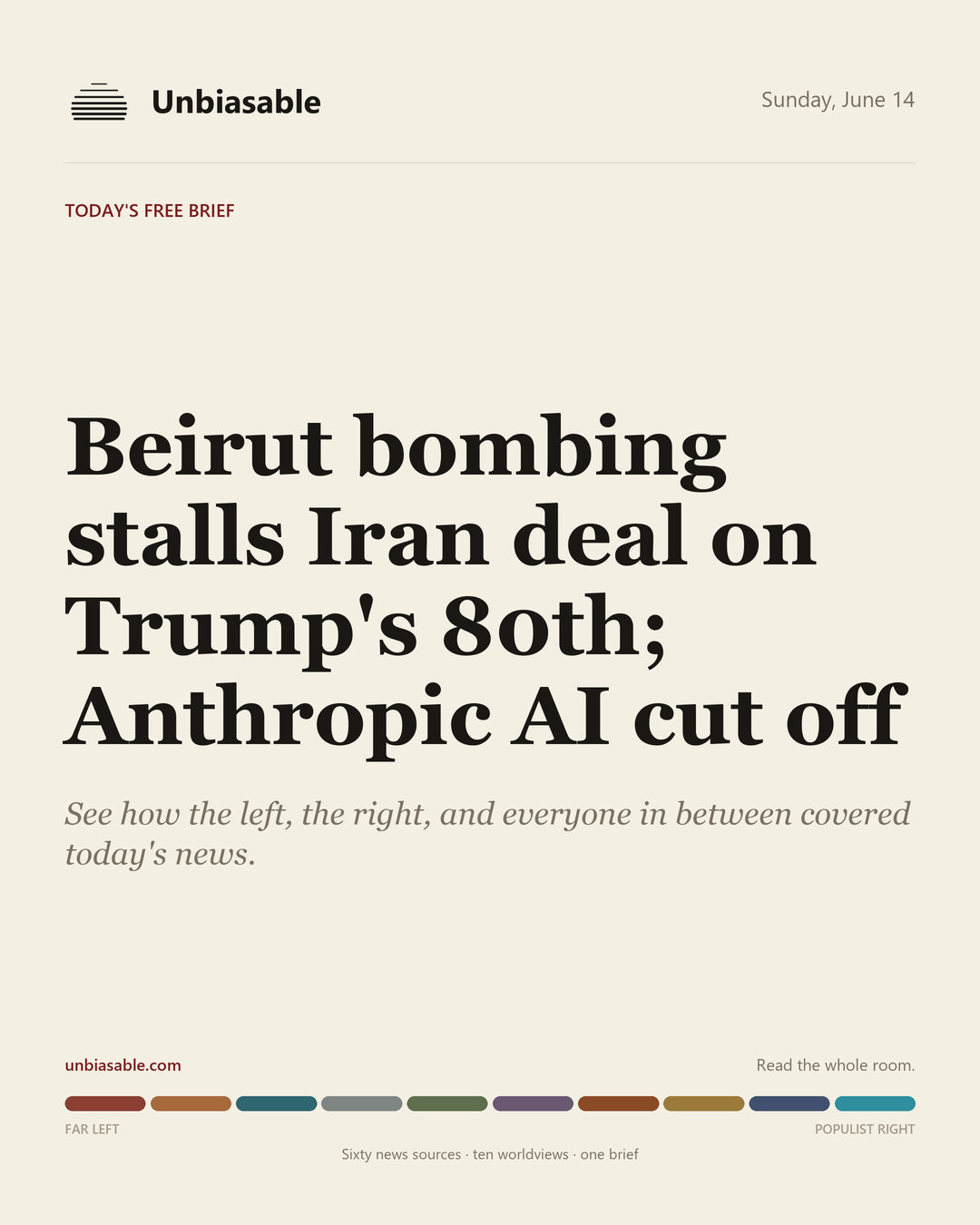 Unbiasable cover for Sunday, June 14: Beirut bombing stalls Iran deal on Trump's 80th; Anthropic AI cut off. The labelled ten-worldview spectrum.