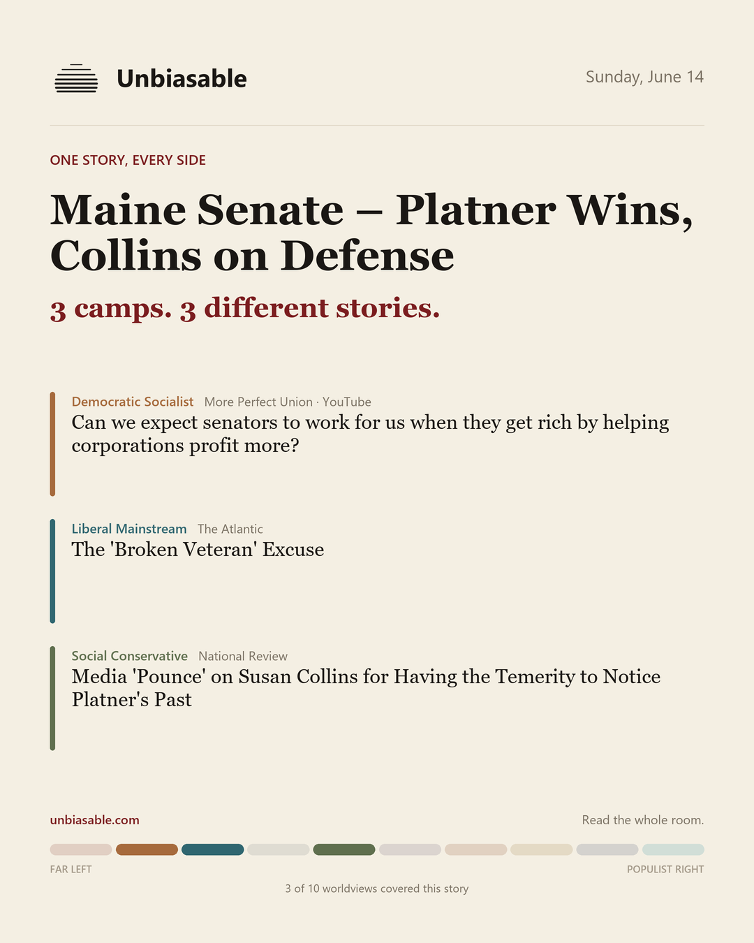 How 3 political worldviews framed “Maine Senate – Platner Wins, Collins on Defense”, color-coded by lens.