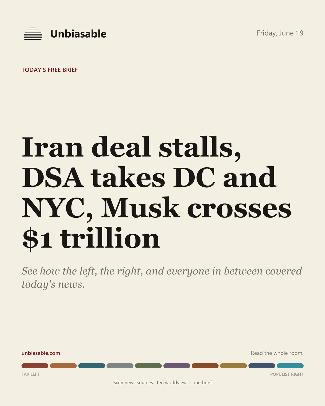 Unbiasable cover for Friday, June 19: Iran deal stalls, DSA takes DC and NYC, Musk crosses $1 trillion. The labelled ten-worldview spectrum.