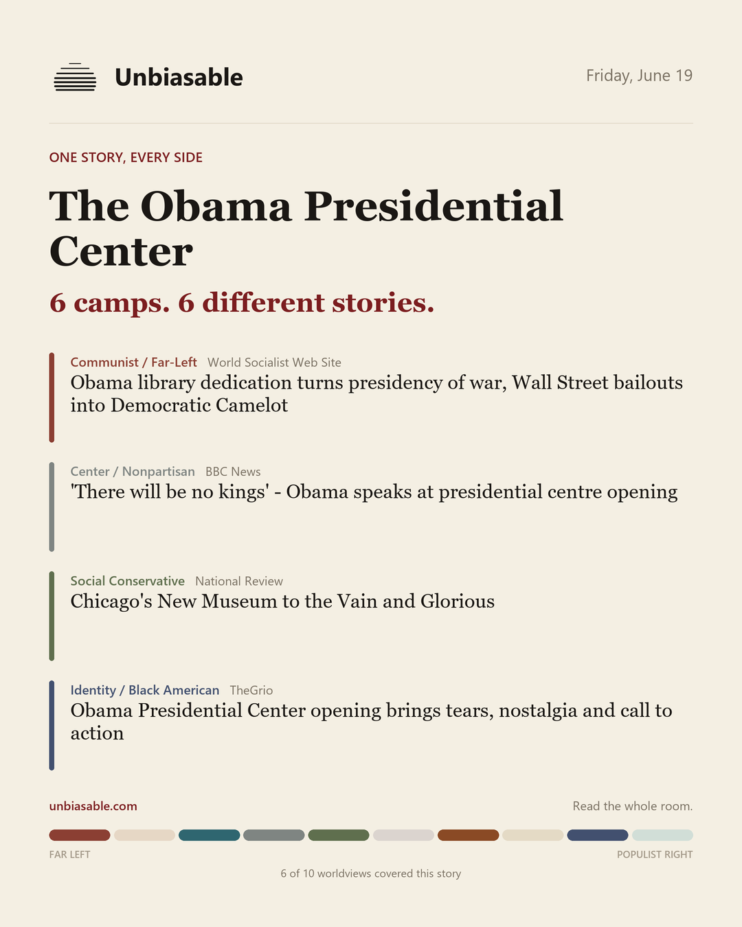 How 6 political worldviews framed “The Obama Presidential Center”, color-coded by lens.
