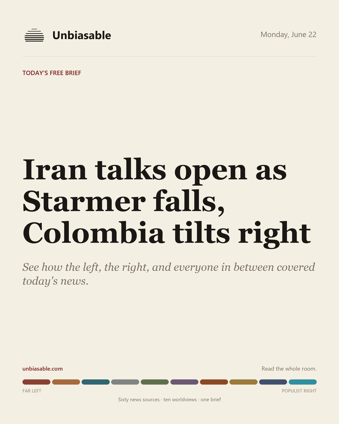 Unbiasable cover for Monday, June 22: Iran talks open as Starmer falls, Colombia tilts right. The labelled ten-worldview spectrum.