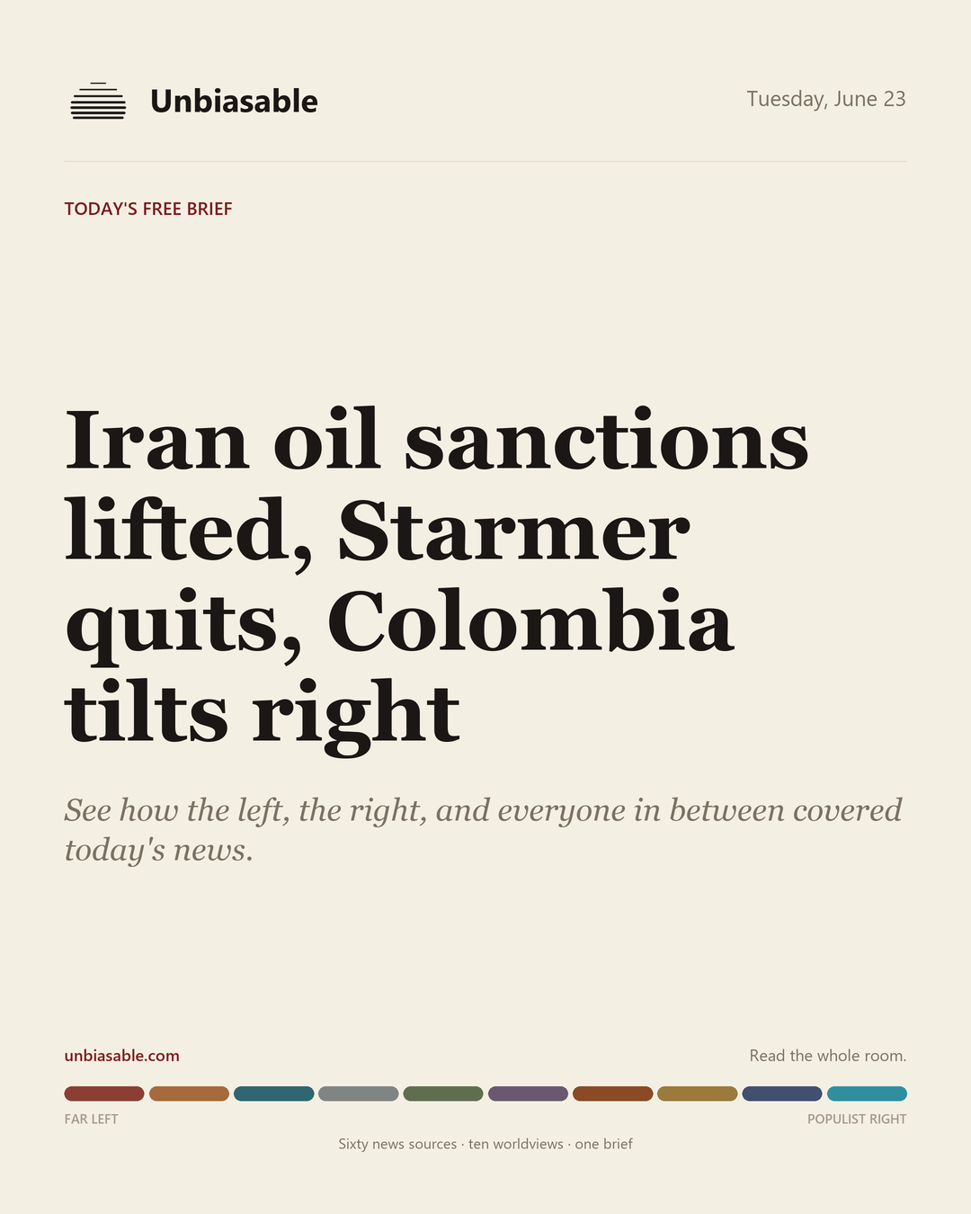 Unbiasable cover for Tuesday, June 23: Iran oil sanctions lifted, Starmer quits, Colombia tilts right. The labelled ten-worldview spectrum.