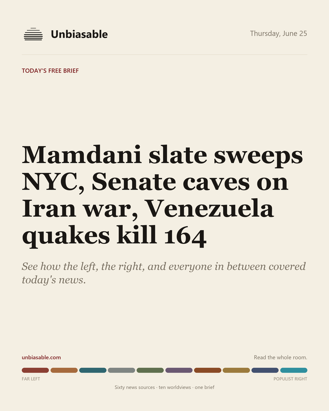Unbiasable cover for Thursday, June 25: Mamdani slate sweeps NYC, Senate caves on Iran war, Venezuela quakes kill 164. The labelled ten-worldview spectrum.