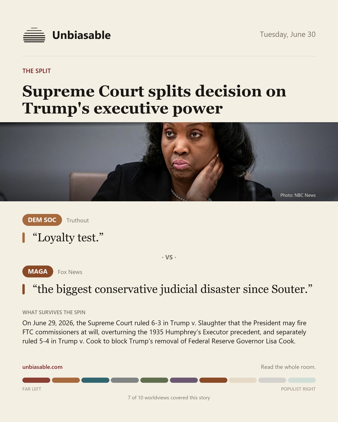 How the Dem Soc and MAGA press framed “Supreme Court splits decision on Trump's executive power”, in verbatim quotes.