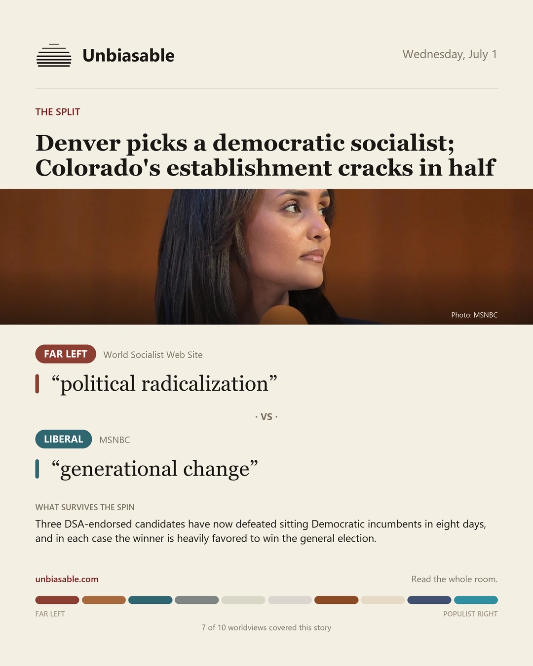 How the Far Left and Liberal press framed “Denver picks a democratic socialist; Colorado's establishment cracks in half”, in verbatim quotes.