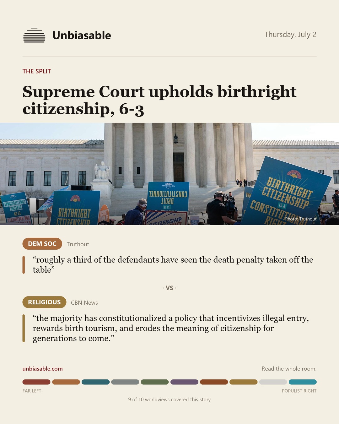 How the Dem Soc and Religious press framed “Supreme Court upholds birthright citizenship, 6-3”, in verbatim quotes.