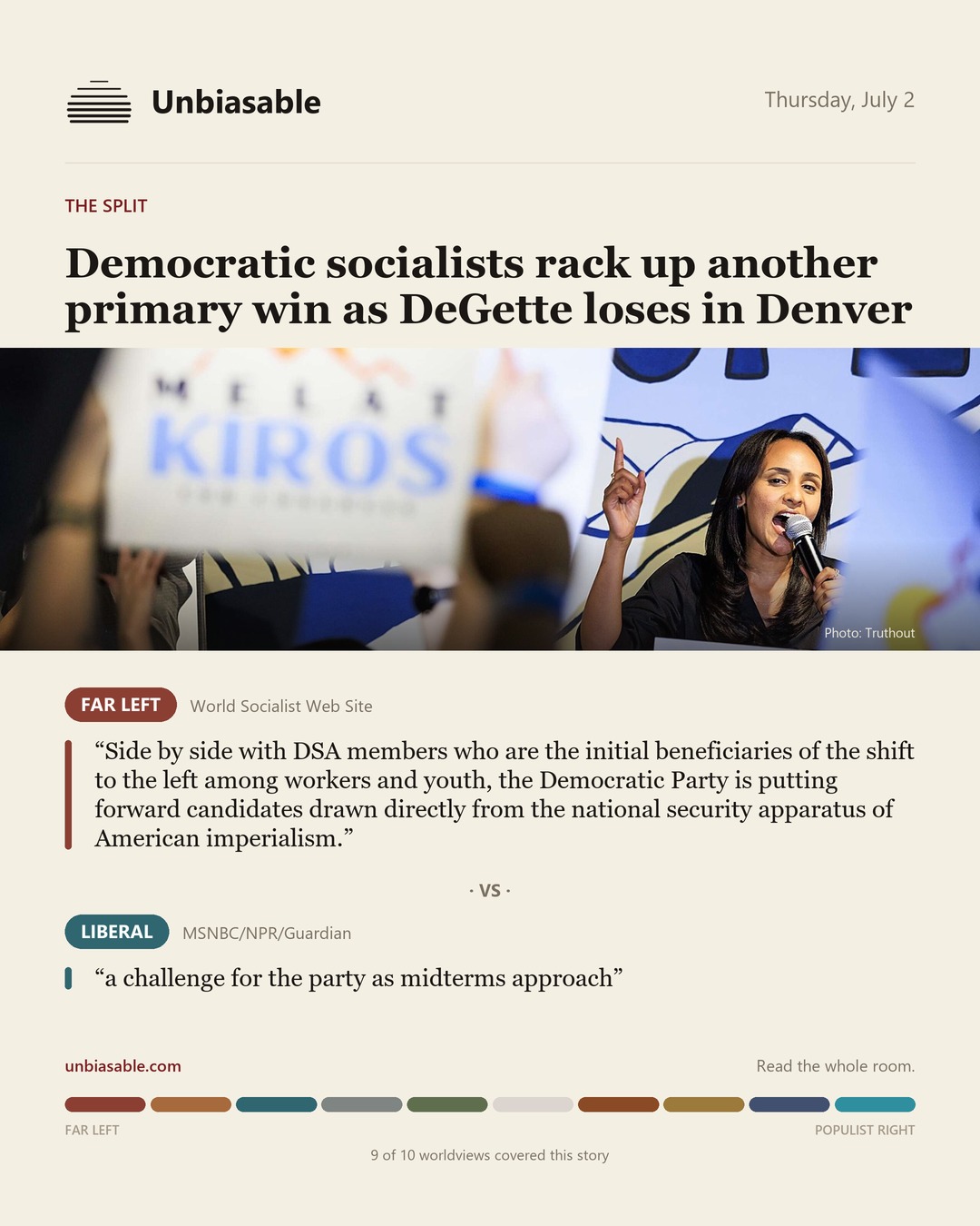 How the Far Left and Liberal press framed “Democratic socialists rack up another primary win as DeGette loses in Denver”, in verbatim quotes.