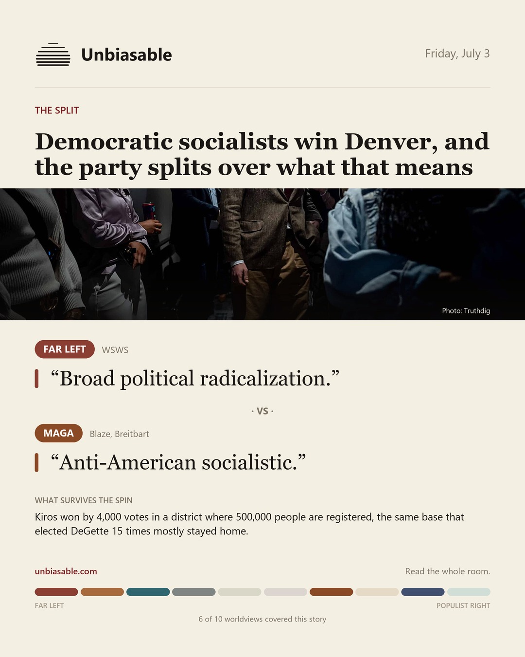 How the Far Left and MAGA press framed “Democratic socialists win Denver, and the party splits over what that means”, in verbatim quotes.
