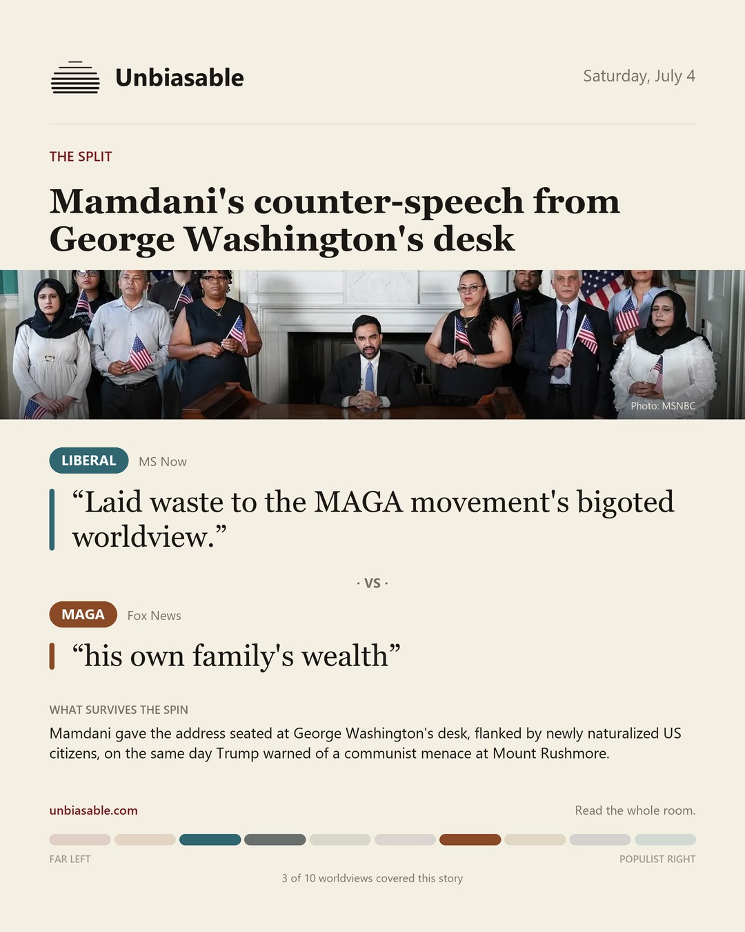 How the Liberal and MAGA press framed “Mamdani's counter-speech from George Washington's desk”, in verbatim quotes.