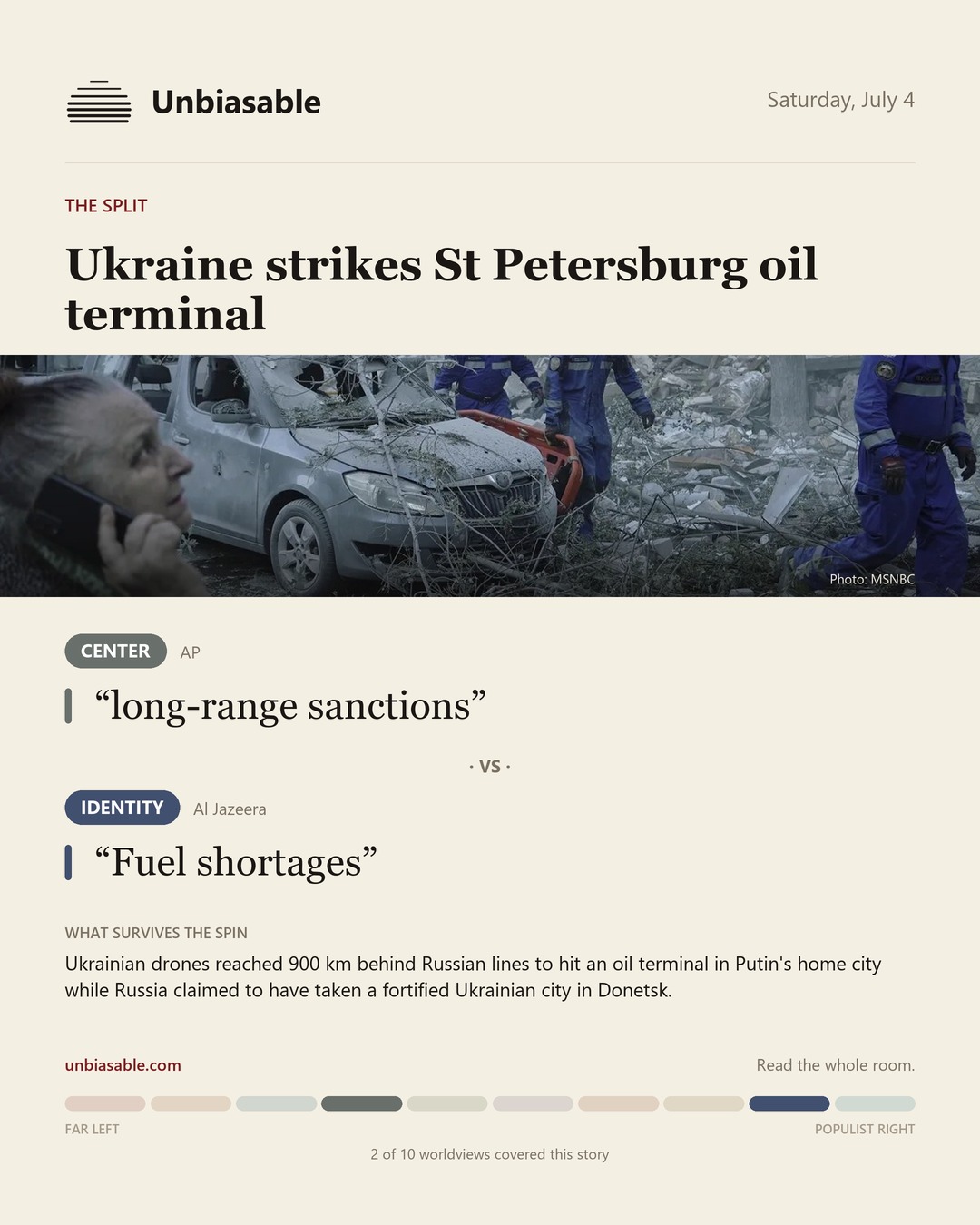 How the Center and Identity press framed “Ukraine strikes St Petersburg oil terminal”, in verbatim quotes.