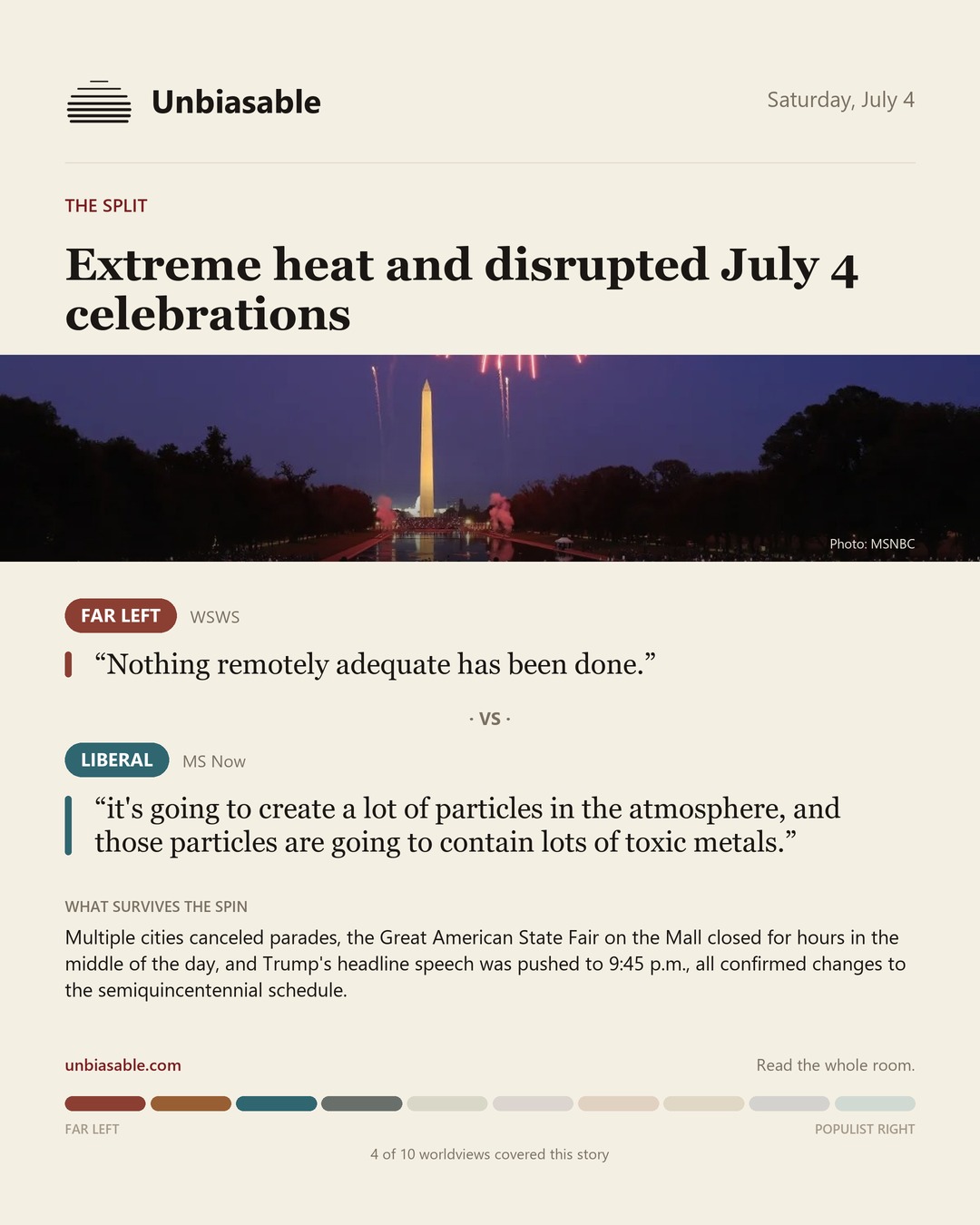 How the Far Left and Liberal press framed “Extreme heat and disrupted July 4 celebrations”, in verbatim quotes.