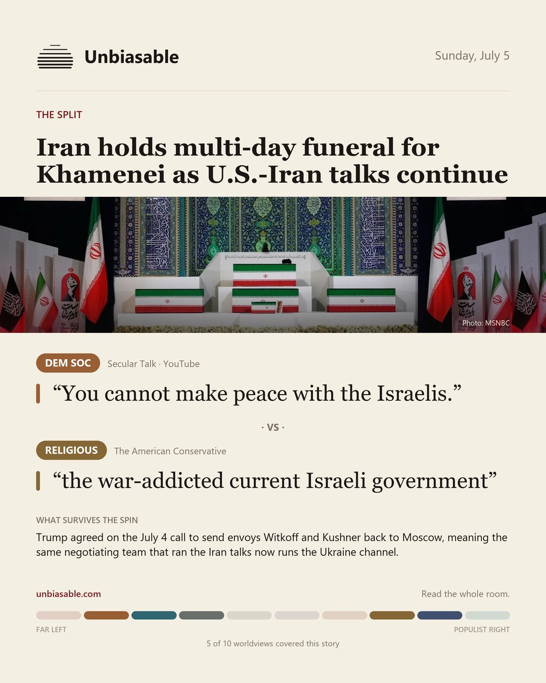 How the Dem Soc and Religious press framed “Iran holds multi-day funeral for Khamenei as U.S.-Iran talks continue”, in verbatim quotes.