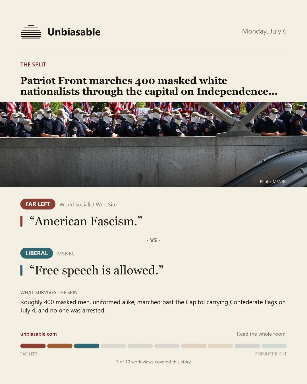 How the Far Left and Liberal press framed “Patriot Front marches 400 masked white nationalists through the capital on Independence Day”, in verbatim quotes.