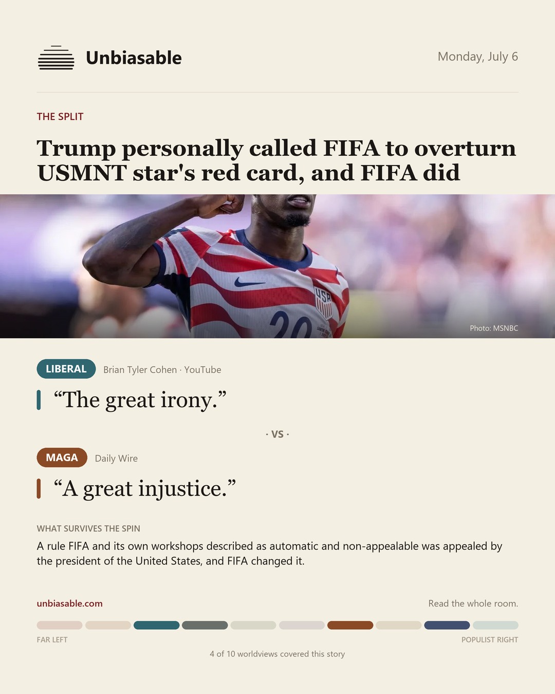 How the Liberal and MAGA press framed “Trump personally called FIFA to overturn USMNT star's red card, and FIFA did”, in verbatim quotes.