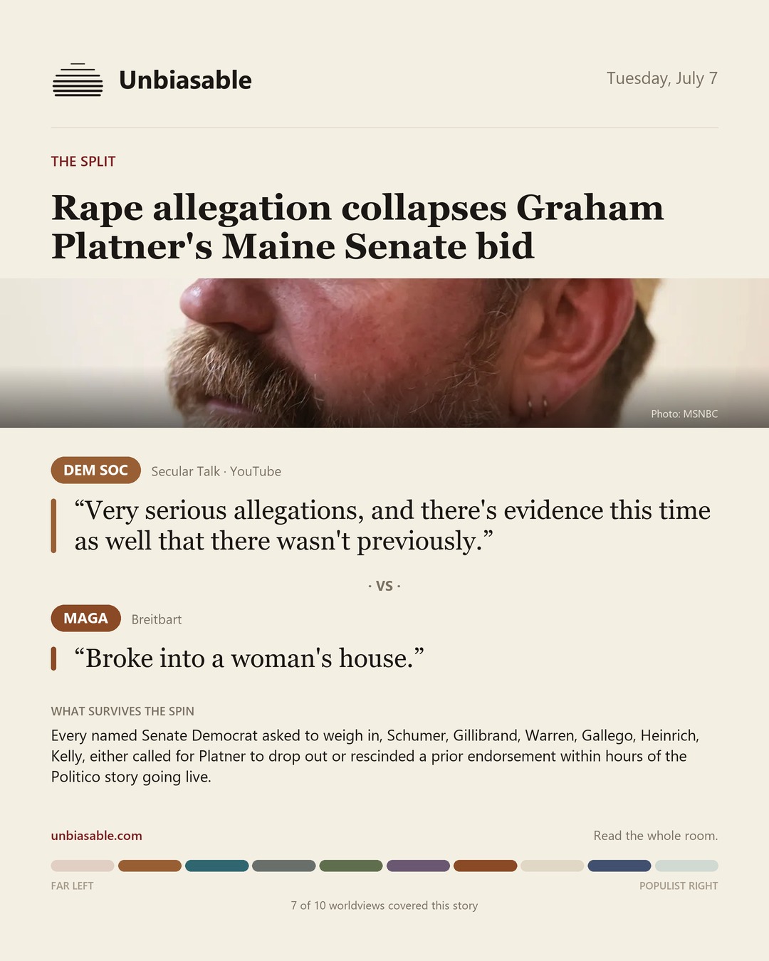 How the Dem Soc and MAGA press framed “Rape allegation collapses Graham Platner's Maine Senate bid”, in verbatim quotes.