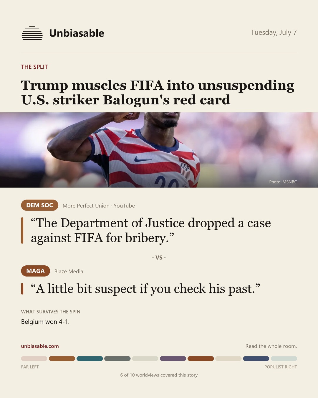 How the Dem Soc and MAGA press framed “Trump muscles FIFA into unsuspending U.S. striker Balogun's red card”, in verbatim quotes.