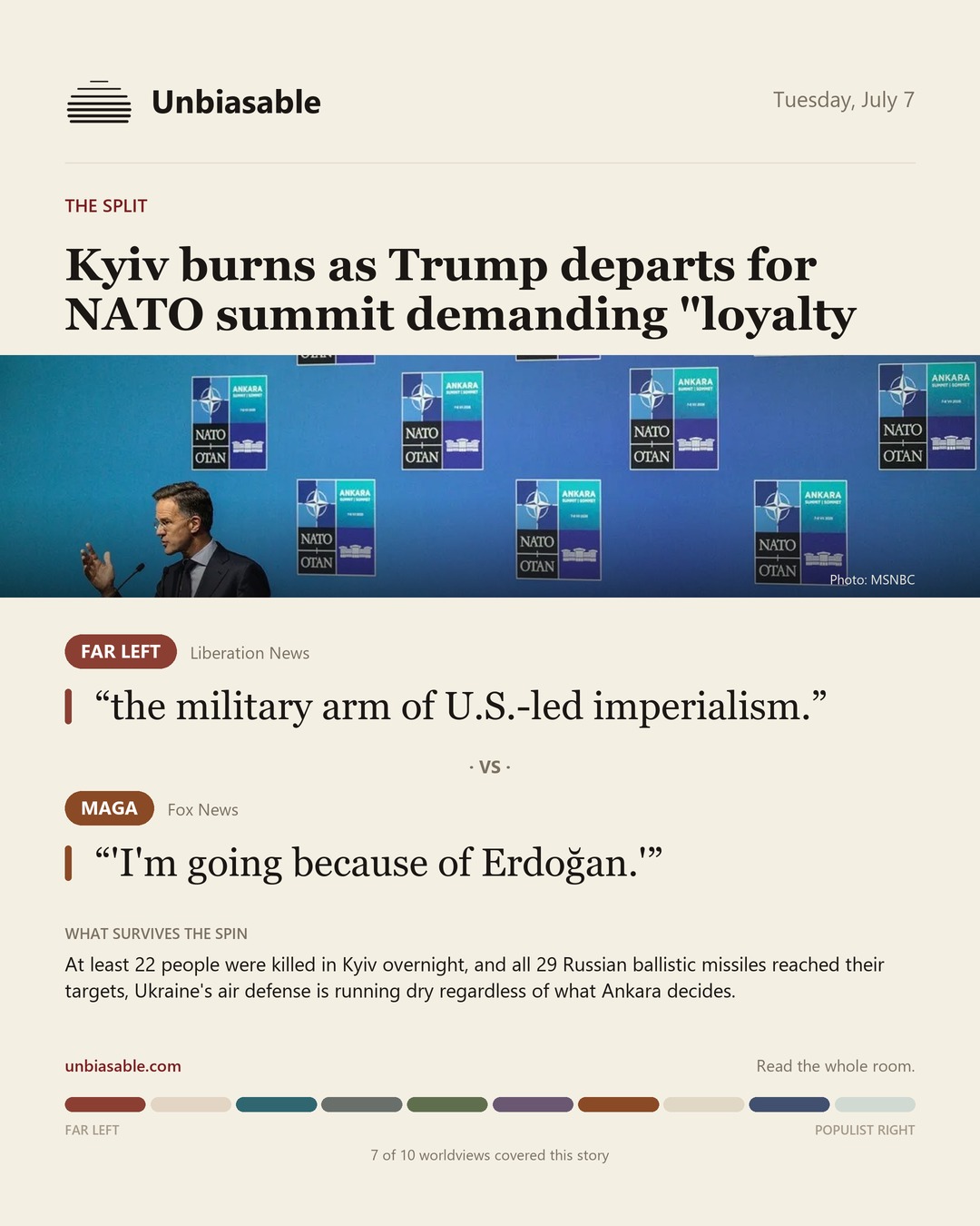 How the Far Left and MAGA press framed “Kyiv burns as Trump departs for NATO summit demanding "loyalty”, in verbatim quotes.
